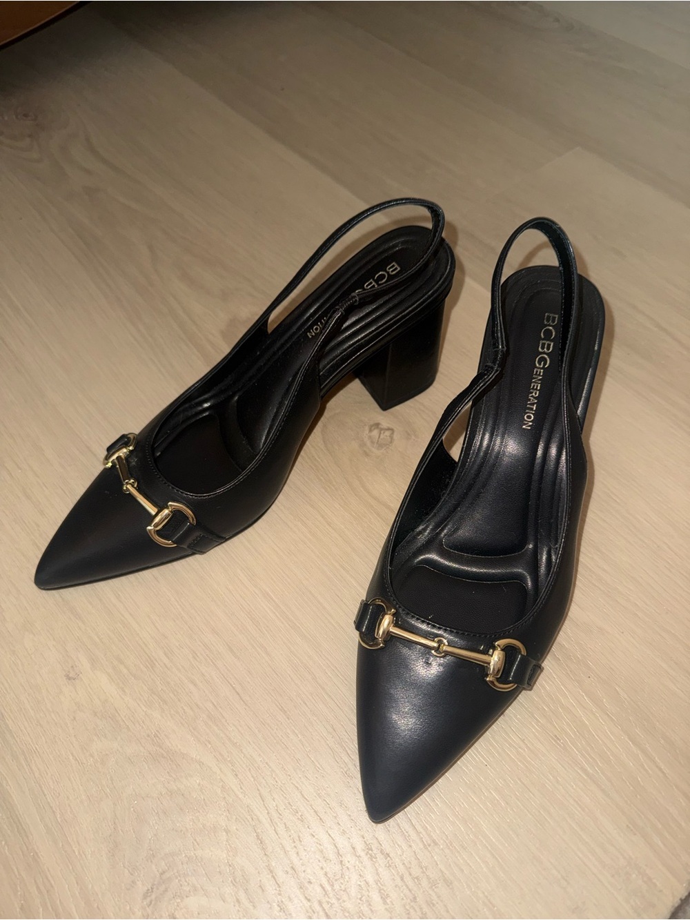 BCBGeneration Black Pointed Slingback Pumps with Gold Bit Detail